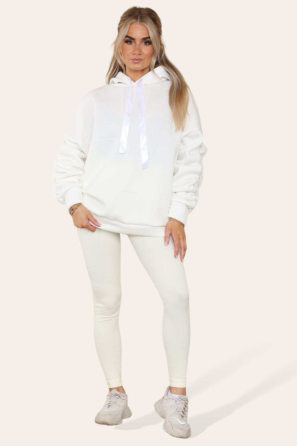 Oversized Ruched Sleeves Hoodie With Satin Ribbon with High Waist High Rise Seamless Ribbed Legging Set - AX Labels