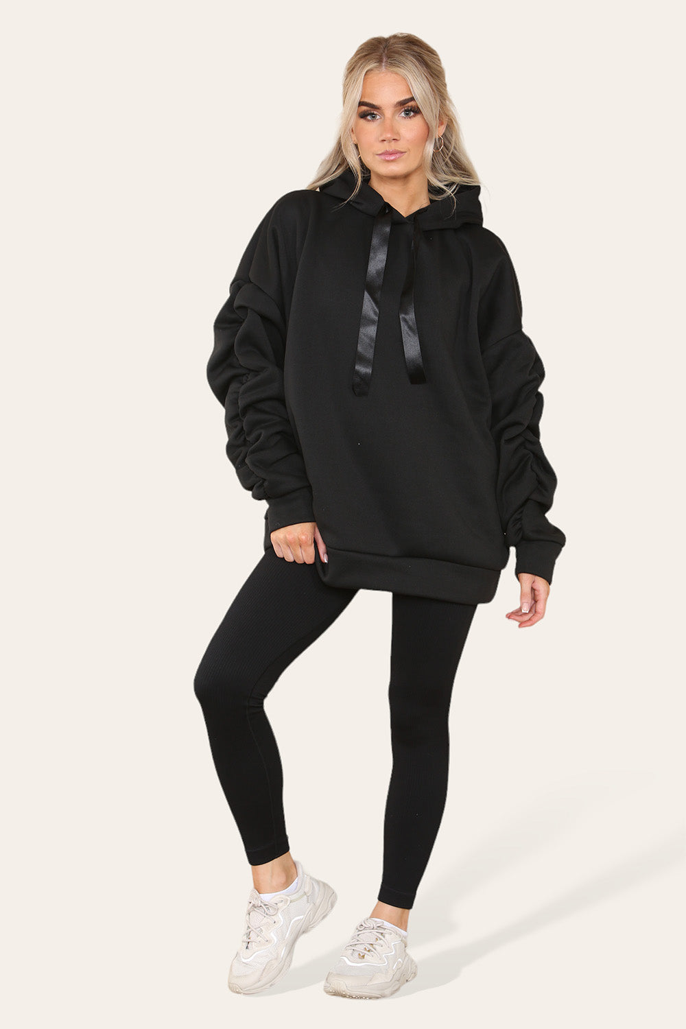 Oversized Ruched Sleeves Hoodie With Satin Ribbon with High Waist High Rise Seamless Ribbed Legging Set - AX Labels