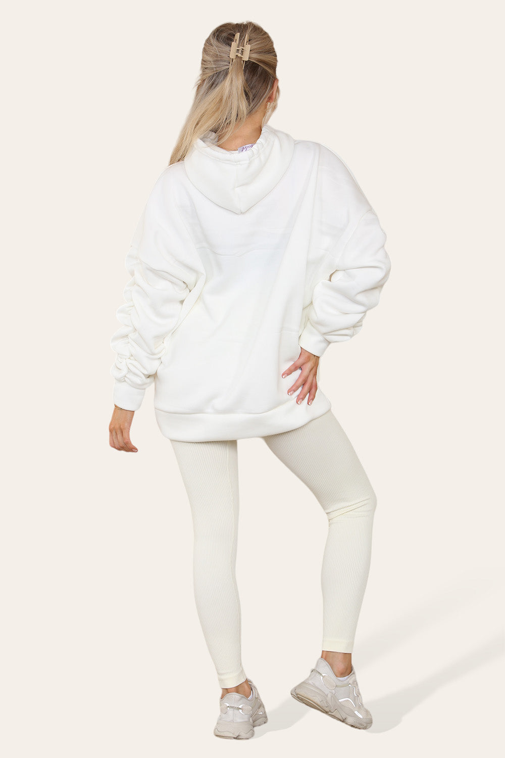 Oversized Ruched Sleeves Hoodie With Satin Ribbon with High Waist High Rise Seamless Ribbed Legging Set - AX Labels