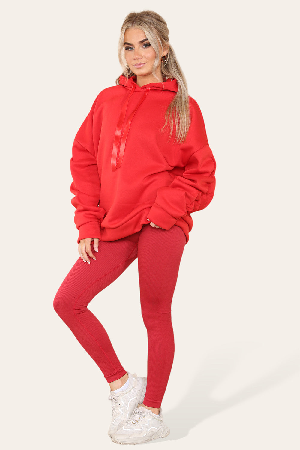 Oversized Ruched Sleeves Hoodie With Satin Ribbon with High Waist High Rise Seamless Ribbed Legging Set - AX Labels