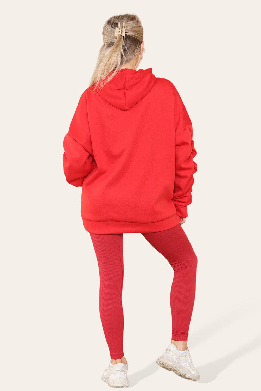 Oversized Ruched Sleeves Hoodie With Satin Ribbon with High Waist High Rise Seamless Ribbed Legging Set - AX Labels