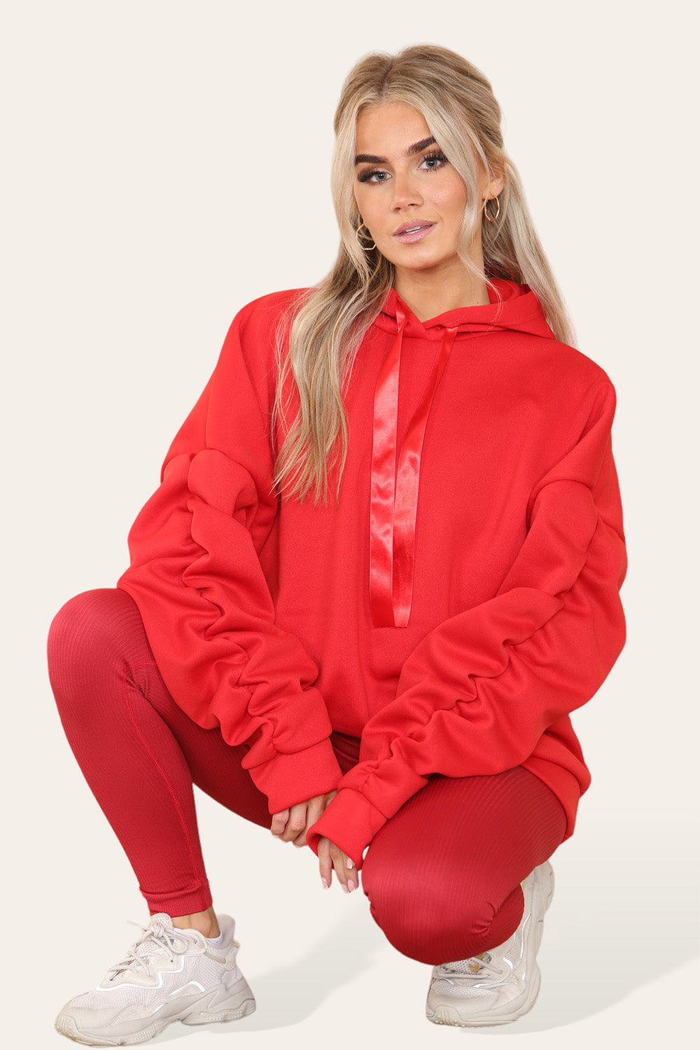 Oversized Ruched Sleeves Hoodie With Satin Ribbon with High Waist High Rise Seamless Ribbed Legging Set - AX Labels