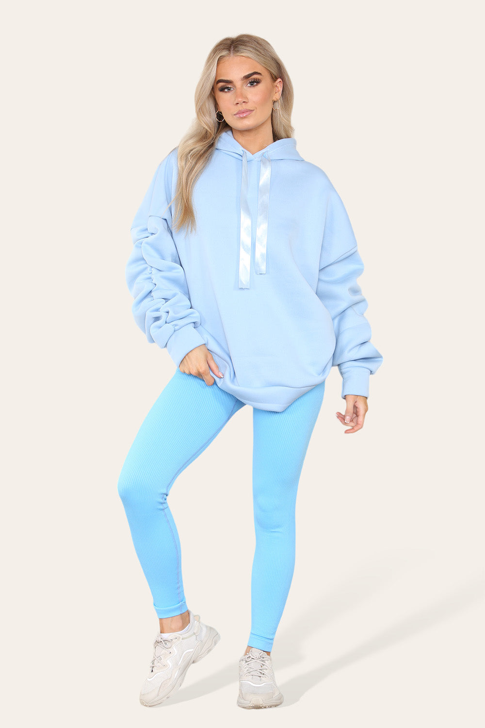 Oversized Ruched Sleeves Hoodie With Satin Ribbon with High Waist High Rise Seamless Ribbed Legging Set - AX Labels