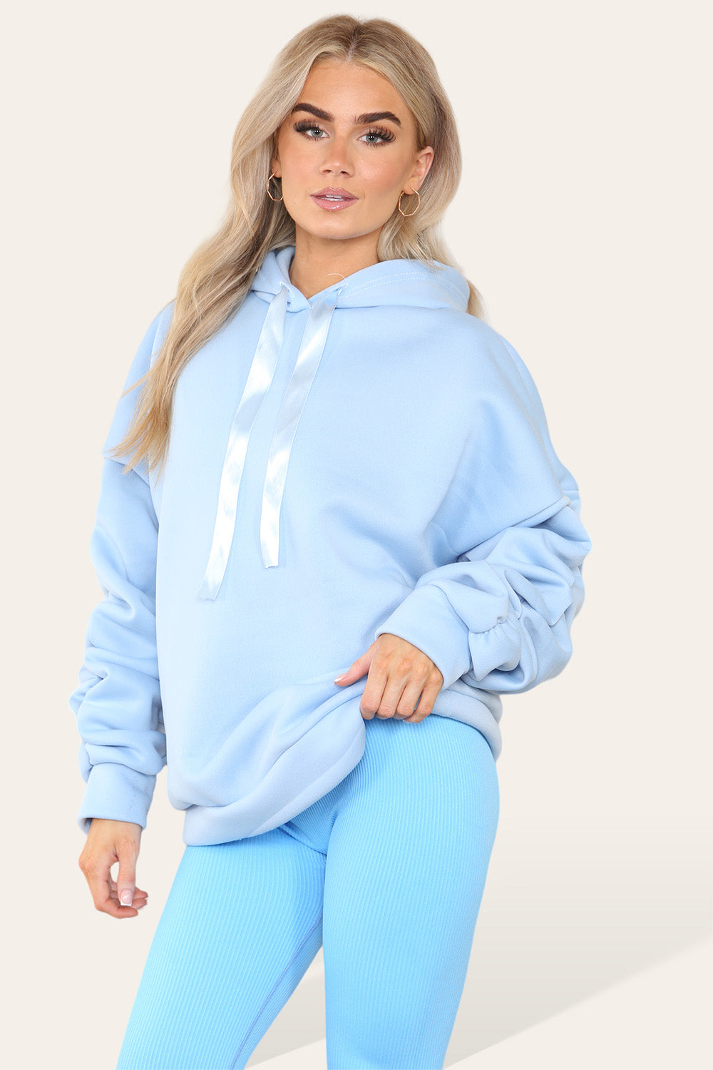 Oversized Ruched Sleeves Hoodie With Satin Ribbon with High Waist High Rise Seamless Ribbed Legging Set - AX Labels