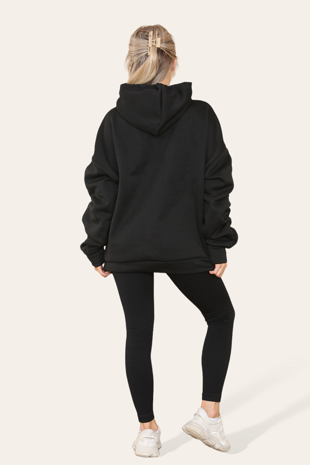 Oversized Ruched Sleeves Hoodie With Satin Ribbon with High Waist High Rise Seamless Ribbed Legging Set - AX Labels