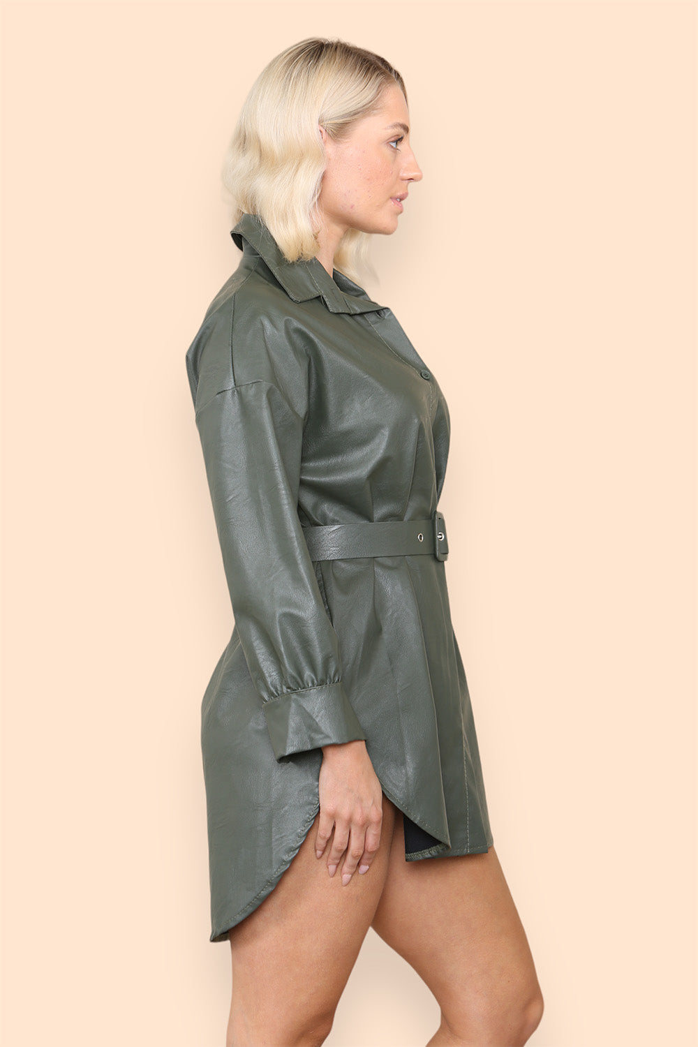 PU Faux Leather Belted Wet Look Shirt Dress - AX Labels