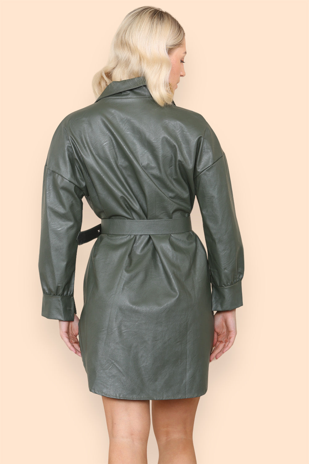 PU Faux Leather Belted Wet Look Shirt Dress - AX Labels