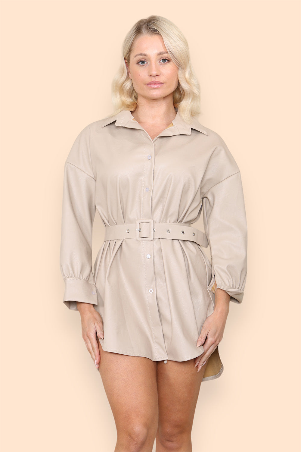 PU Faux Leather Belted Wet Look Shirt Dress - AX Labels