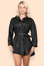 PU Faux Leather Belted Wet Look Shirt Dress - AX Labels