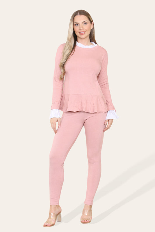 Peplum Frill Neck Suit Pleated Lounge Wear Set - AX Labels