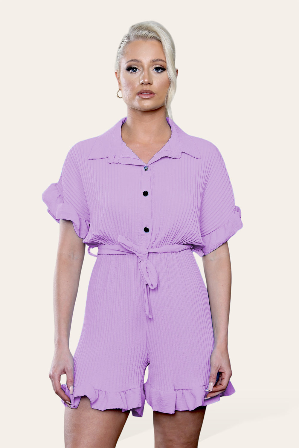 Pleated Ruffle Shirt Short Playsuit With Frill Hems - AX Labels