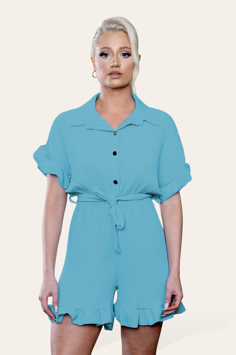 Pleated Ruffle Shirt Short Playsuit With Frill Hems - AX Labels