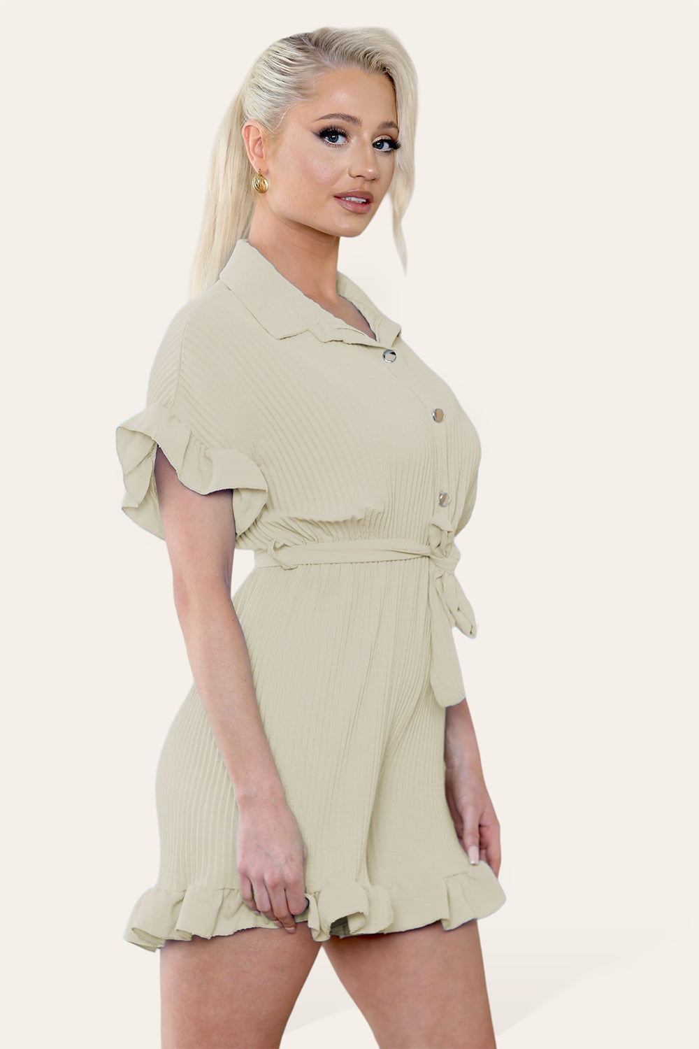 Pleated Ruffle Shirt Short Playsuit With Frill Hems - AX Labels