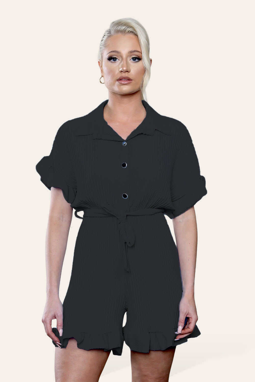 Pleated Ruffle Shirt Short Playsuit With Frill Hems - AX Labels