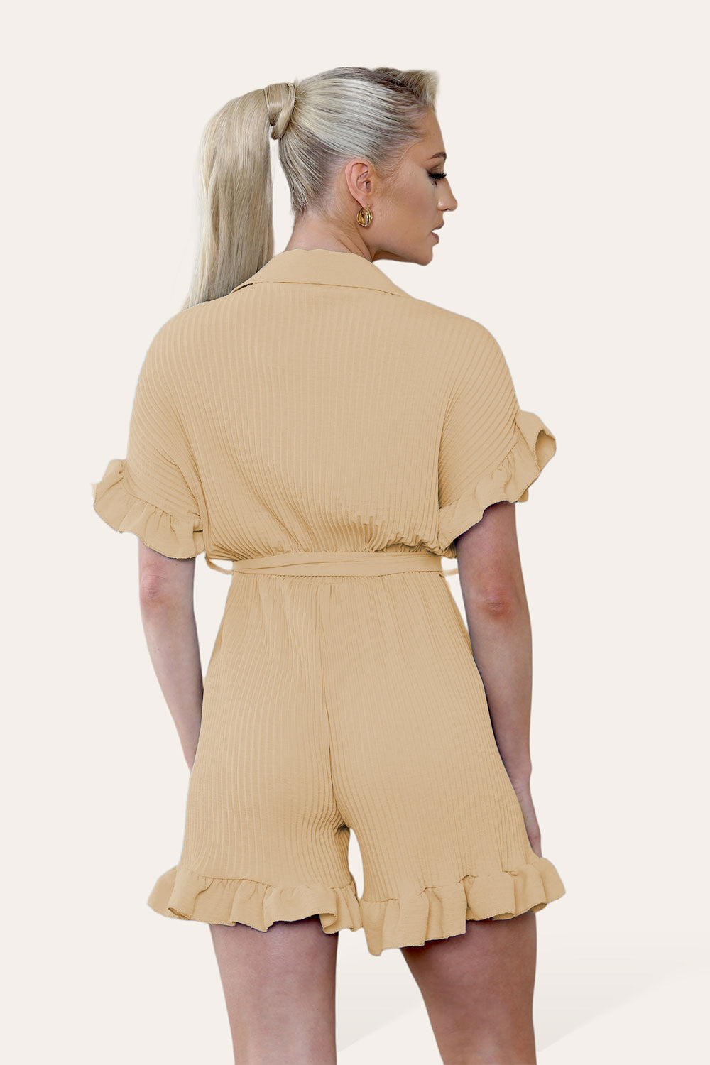 Pleated Ruffle Shirt Short Playsuit With Frill Hems - AX Labels