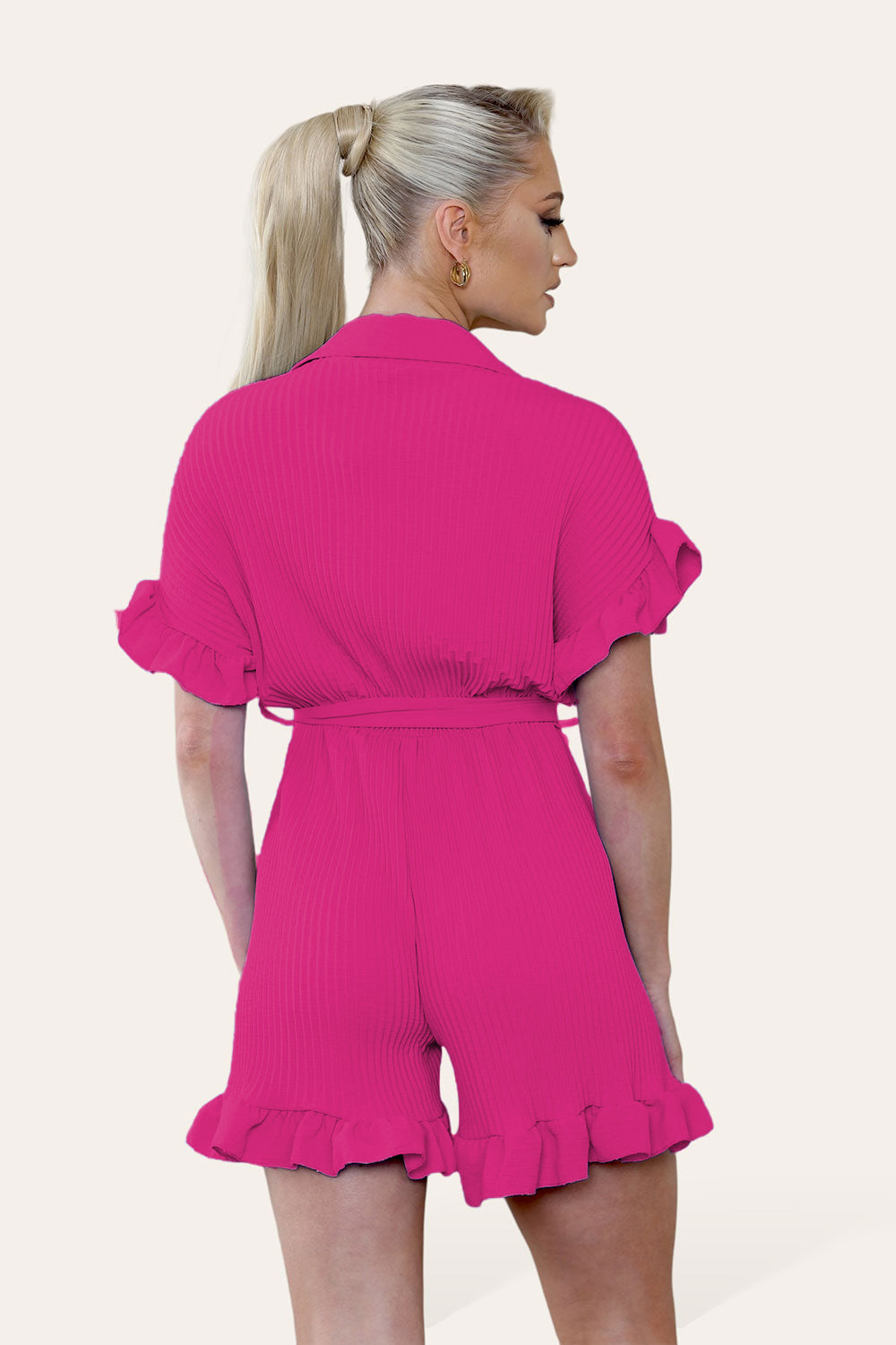 Pleated Ruffle Shirt Short Playsuit With Frill Hems - AX Labels