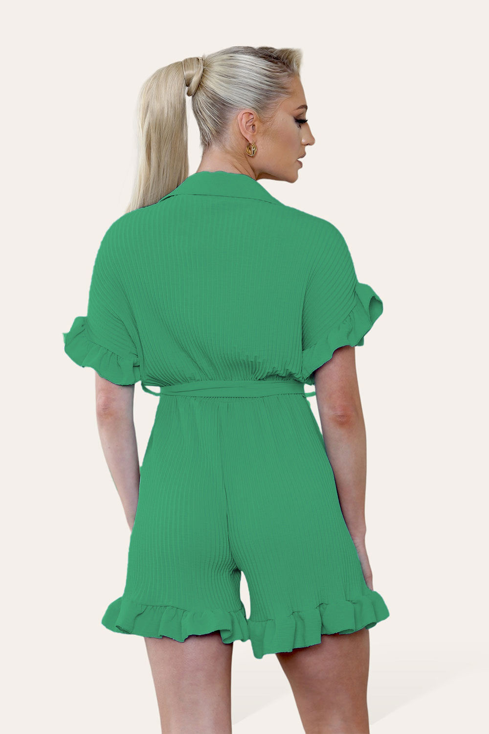 Pleated Ruffle Shirt Short Playsuit With Frill Hems - AX Labels