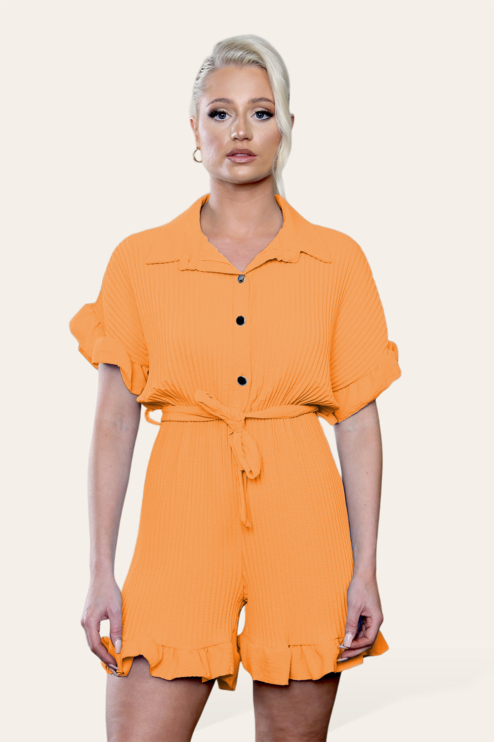 Pleated Ruffle Shirt Short Playsuit With Frill Hems - AX Labels