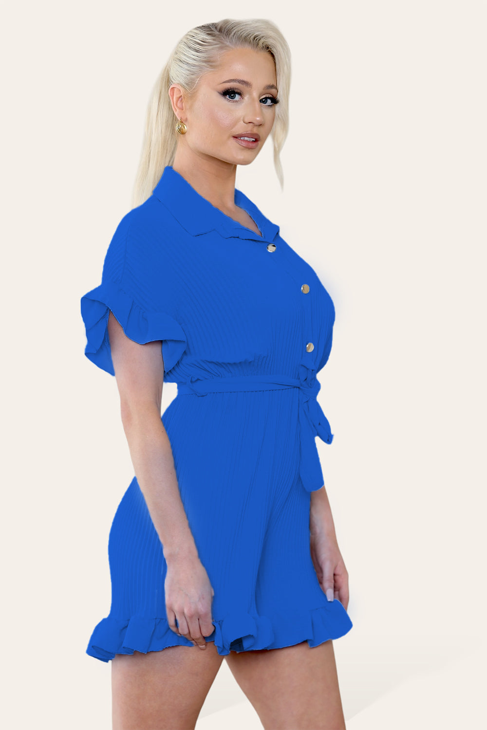 Pleated Ruffle Shirt Short Playsuit With Frill Hems - AX Labels