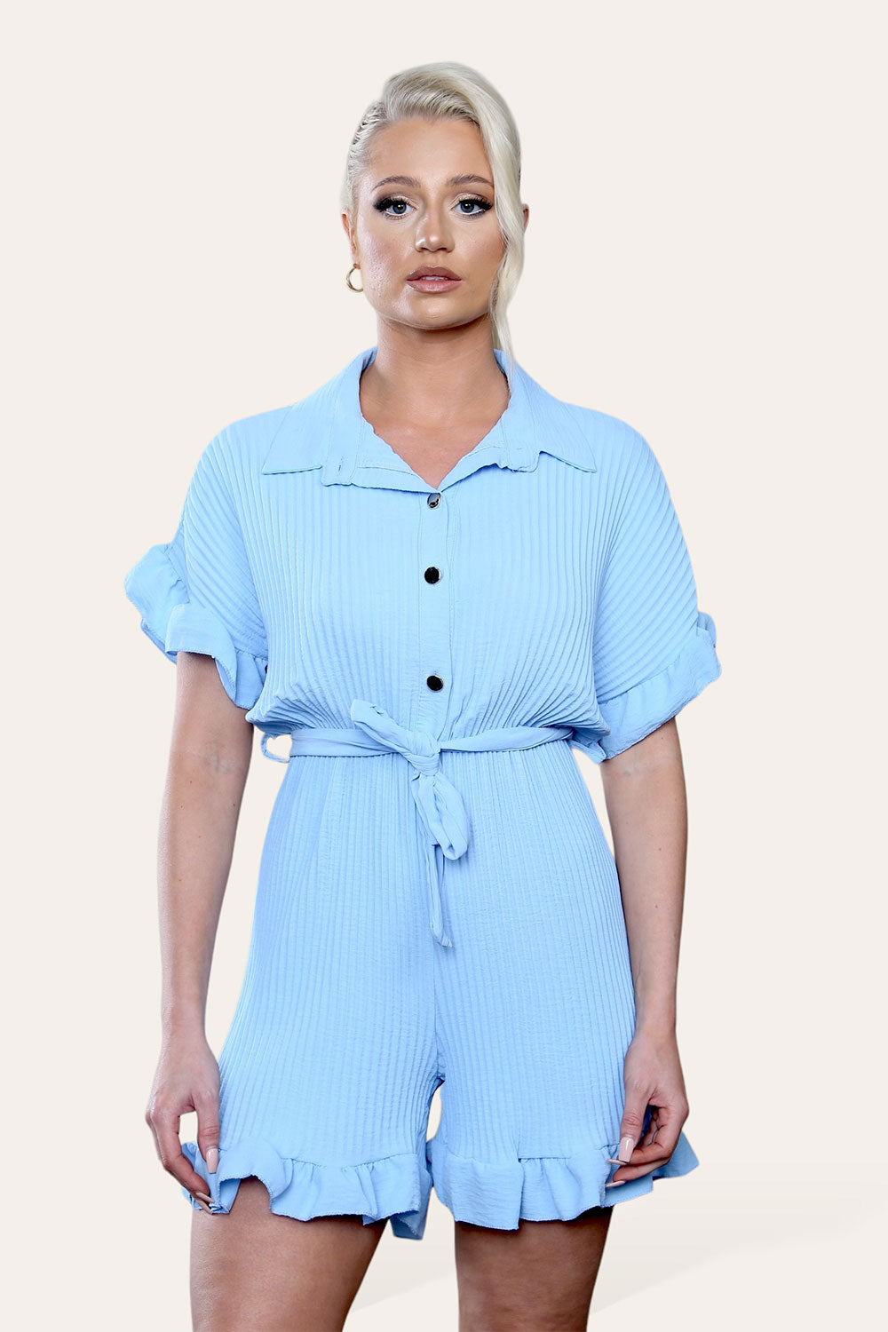 Pleated Ruffle Shirt Short Playsuit With Frill Hems - AX Labels