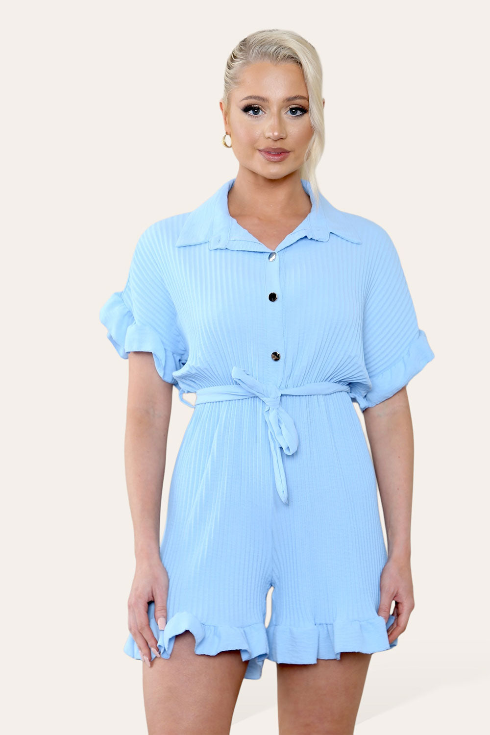 Pleated Ruffle Shirt Short Playsuit With Frill Hems - AX Labels