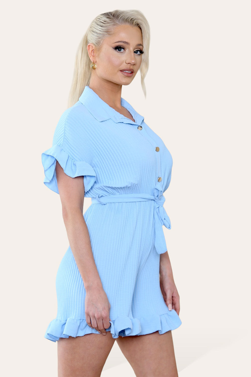 Pleated Ruffle Shirt Short Playsuit With Frill Hems - AX Labels