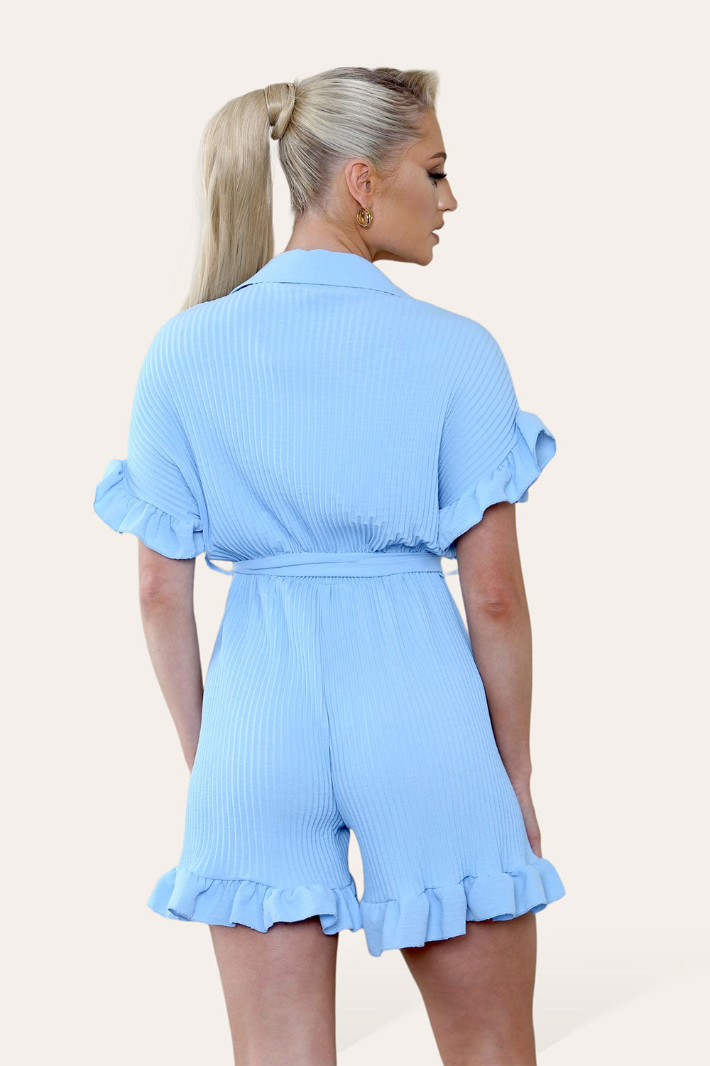 Pleated Ruffle Shirt Short Playsuit With Frill Hems - AX Labels