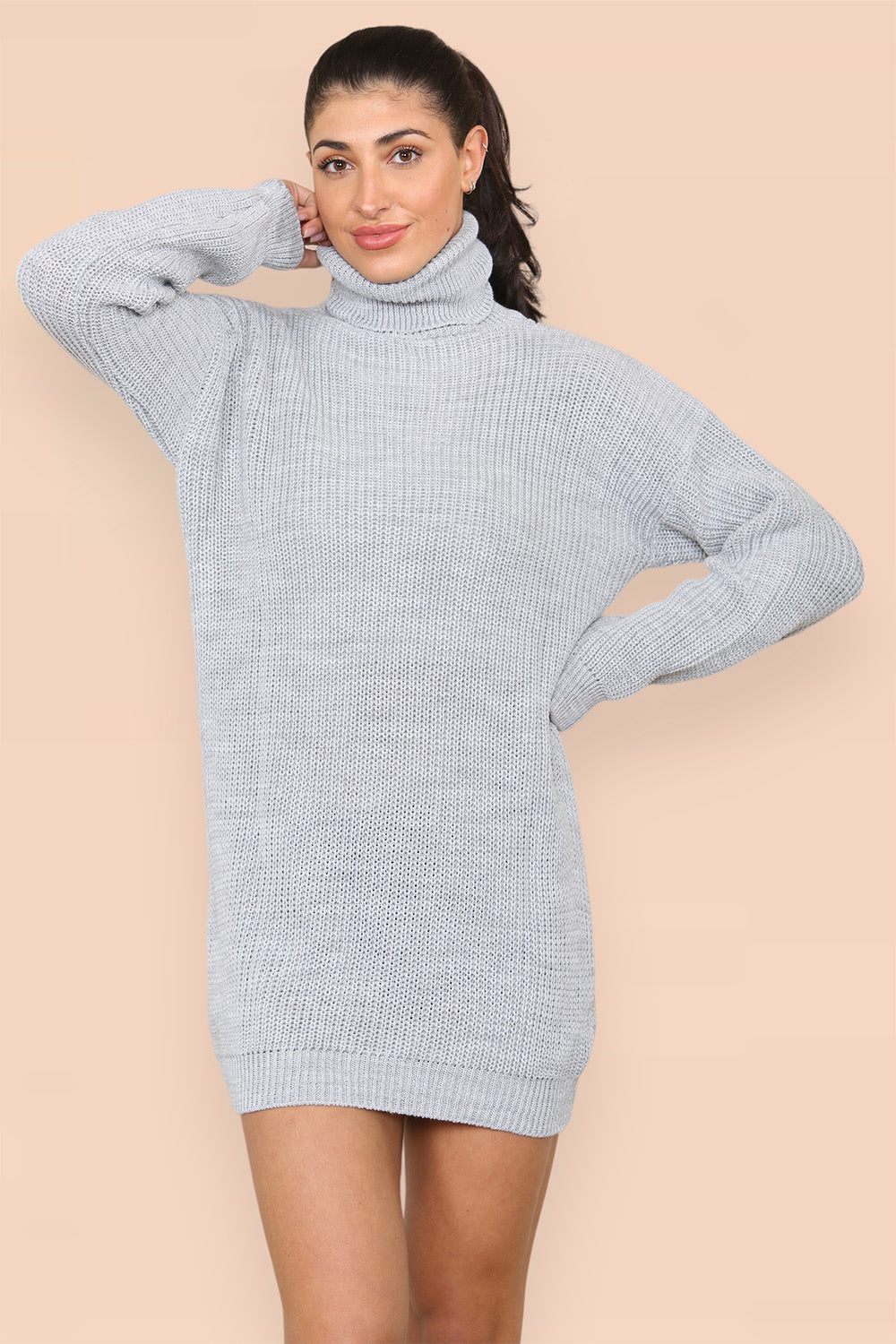 Polo Roll Neck Over Sized Ribbed Knitted Florescent Chunky Sweater Jumper Dress - AX Labels