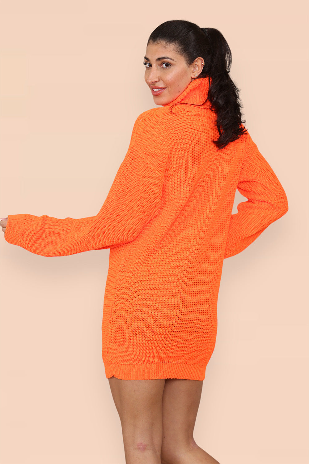 Polo Roll Neck Over Sized Ribbed Knitted Florescent Chunky Sweater Jumper Dress - AX Labels