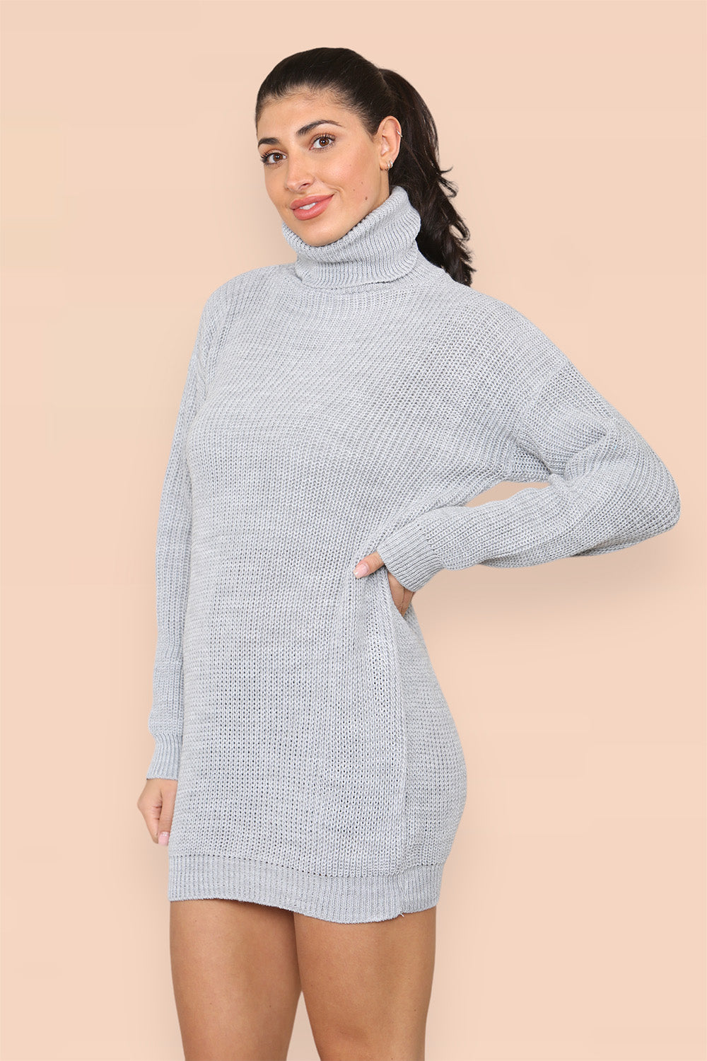 Polo Roll Neck Over Sized Ribbed Knitted Florescent Chunky Sweater Jumper Dress - AX Labels