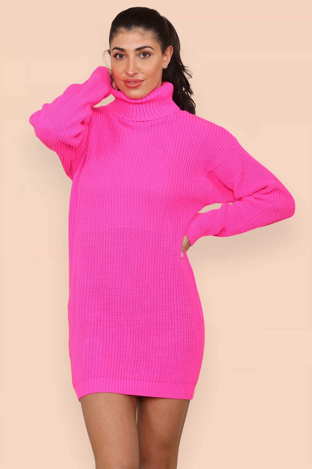 Polo Roll Neck Over Sized Ribbed Knitted Florescent Chunky Sweater Jumper Dress - AX Labels