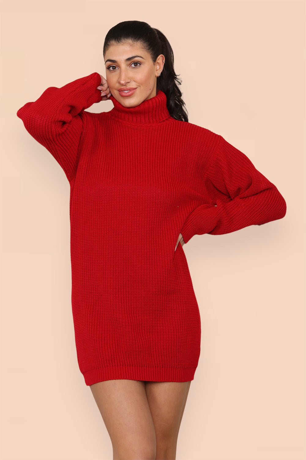 Polo Roll Neck Over Sized Ribbed Knitted Florescent Chunky Sweater Jumper Dress - AX Labels