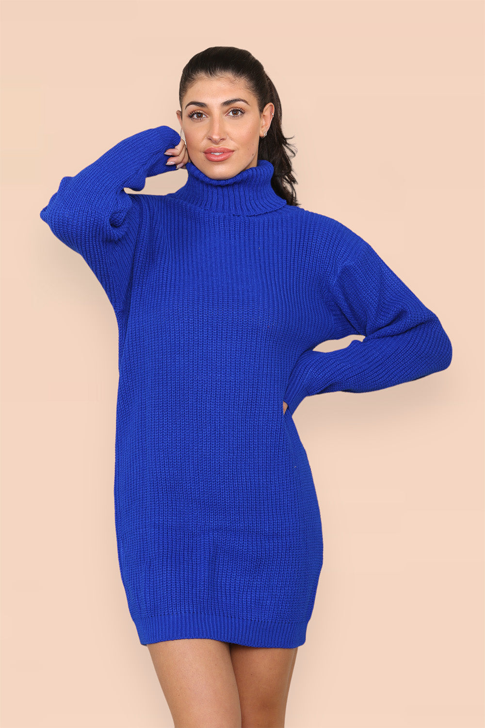 Polo Roll Neck Over Sized Ribbed Knitted Florescent Chunky Sweater Jumper Dress - AX Labels