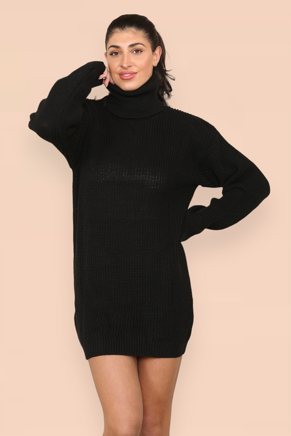 Polo Roll Neck Over Sized Ribbed Knitted Florescent Chunky Sweater Jumper Dress - AX Labels