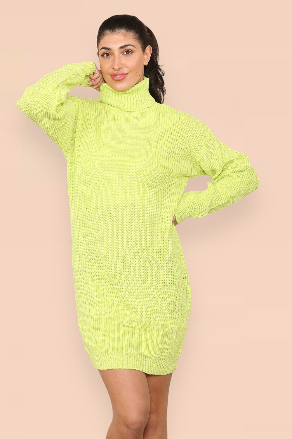 Polo Roll Neck Over Sized Ribbed Knitted Florescent Chunky Sweater Jumper Dress - AX Labels