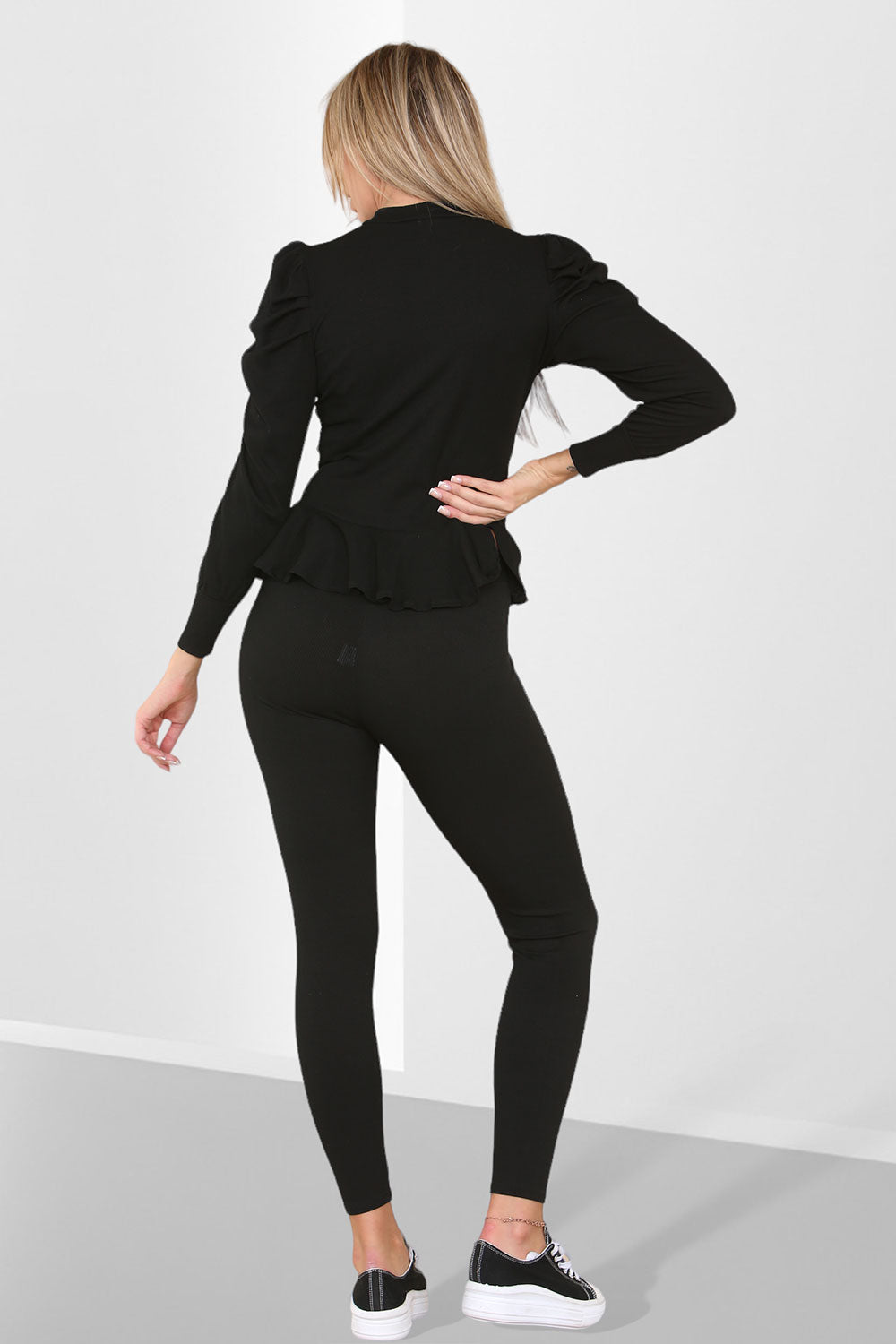 Puff Sleeves Set Frill Hem Peplum Ribbed Lounge Wear Suit - AX Labels