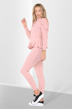 Puff Sleeves Set Frill Hem Peplum Ribbed Lounge Wear Suit - AX Labels