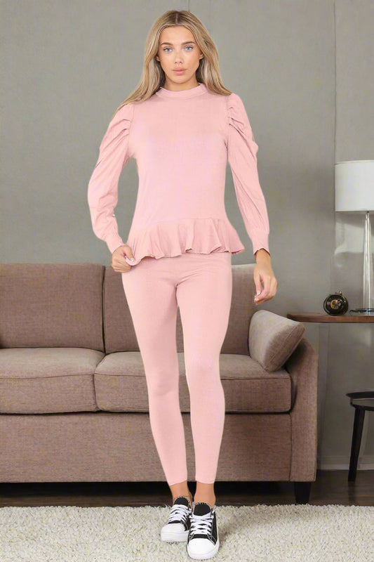 Puff Sleeves Set Frill Hem Peplum Ribbed Lounge Wear Suit - AX Labels