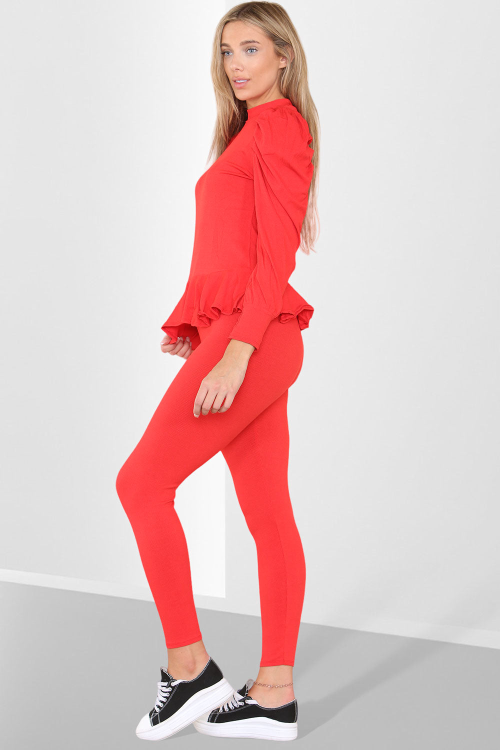 Puff Sleeves Set Frill Hem Peplum Ribbed Lounge Wear Suit - AX Labels