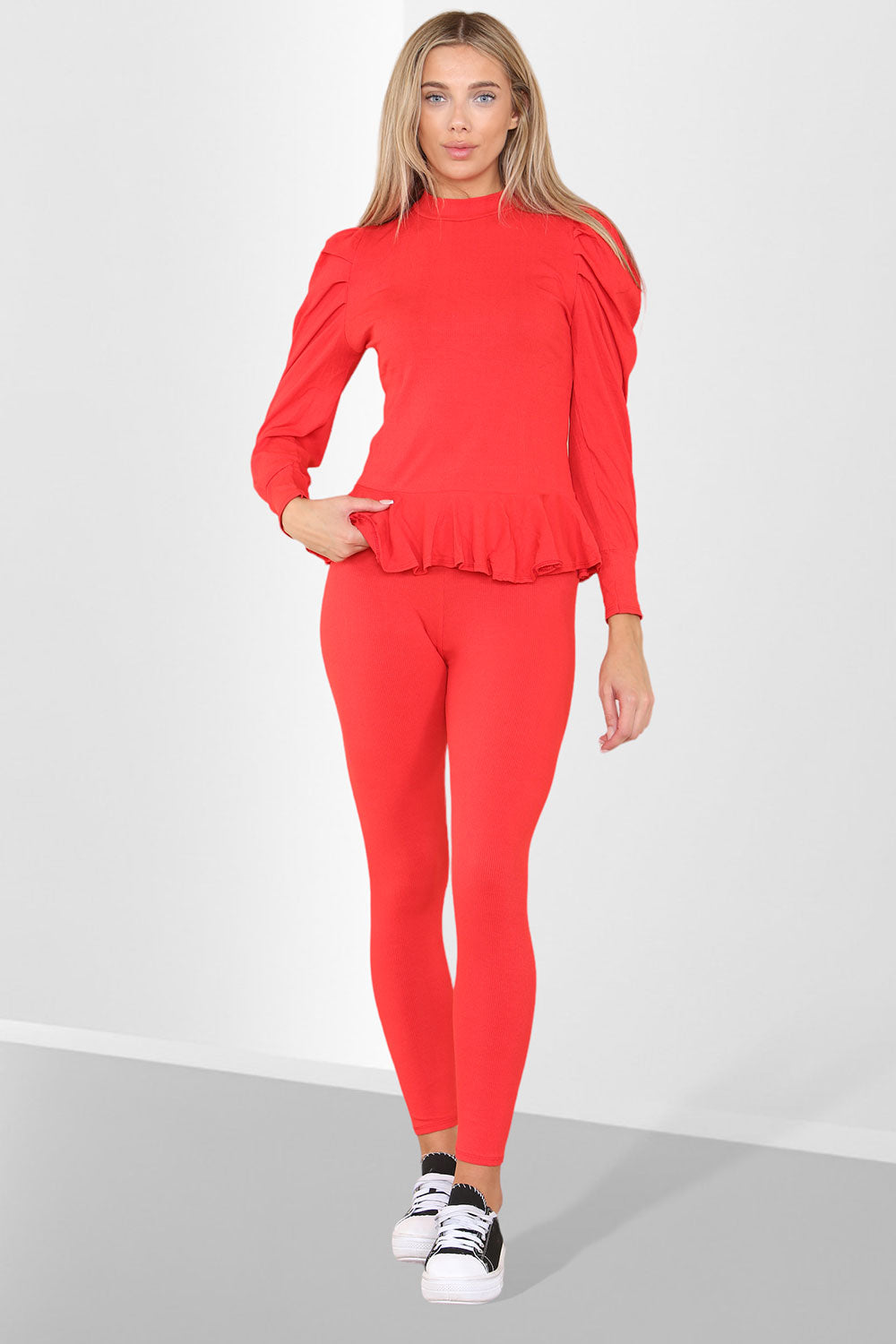 Puff Sleeves Set Frill Hem Peplum Ribbed Lounge Wear Suit - AX Labels