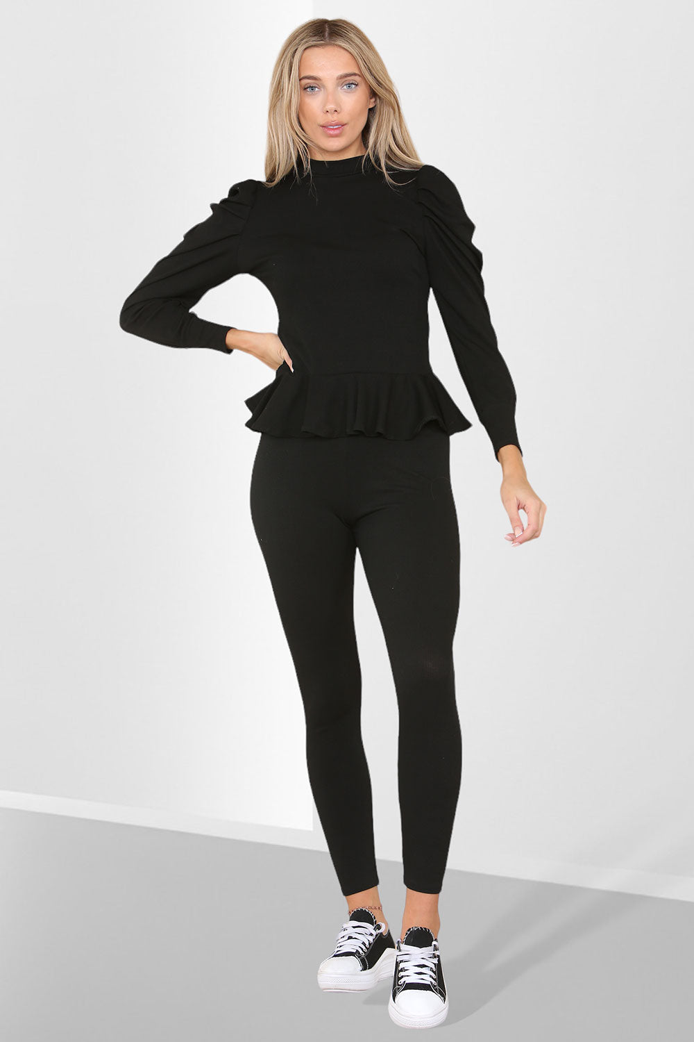 Puff Sleeves Set Frill Hem Peplum Ribbed Lounge Wear Suit - AX Labels