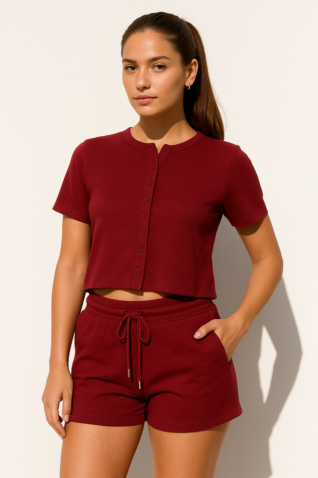 Ribbed Button Through Short Sleeve Top and Shorts Co-ord