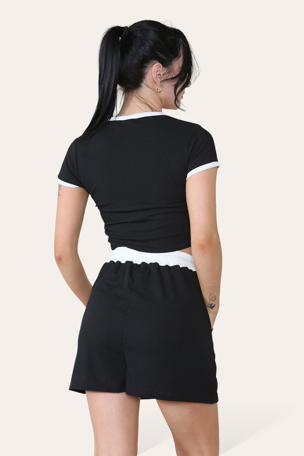 Ribbed Contrast Waistband Top and Short Set - AX Labels
