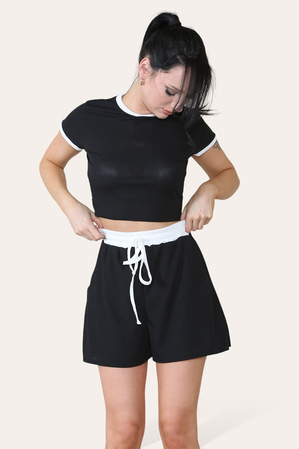 Ribbed Contrast Waistband Top and Short Set - AX Labels