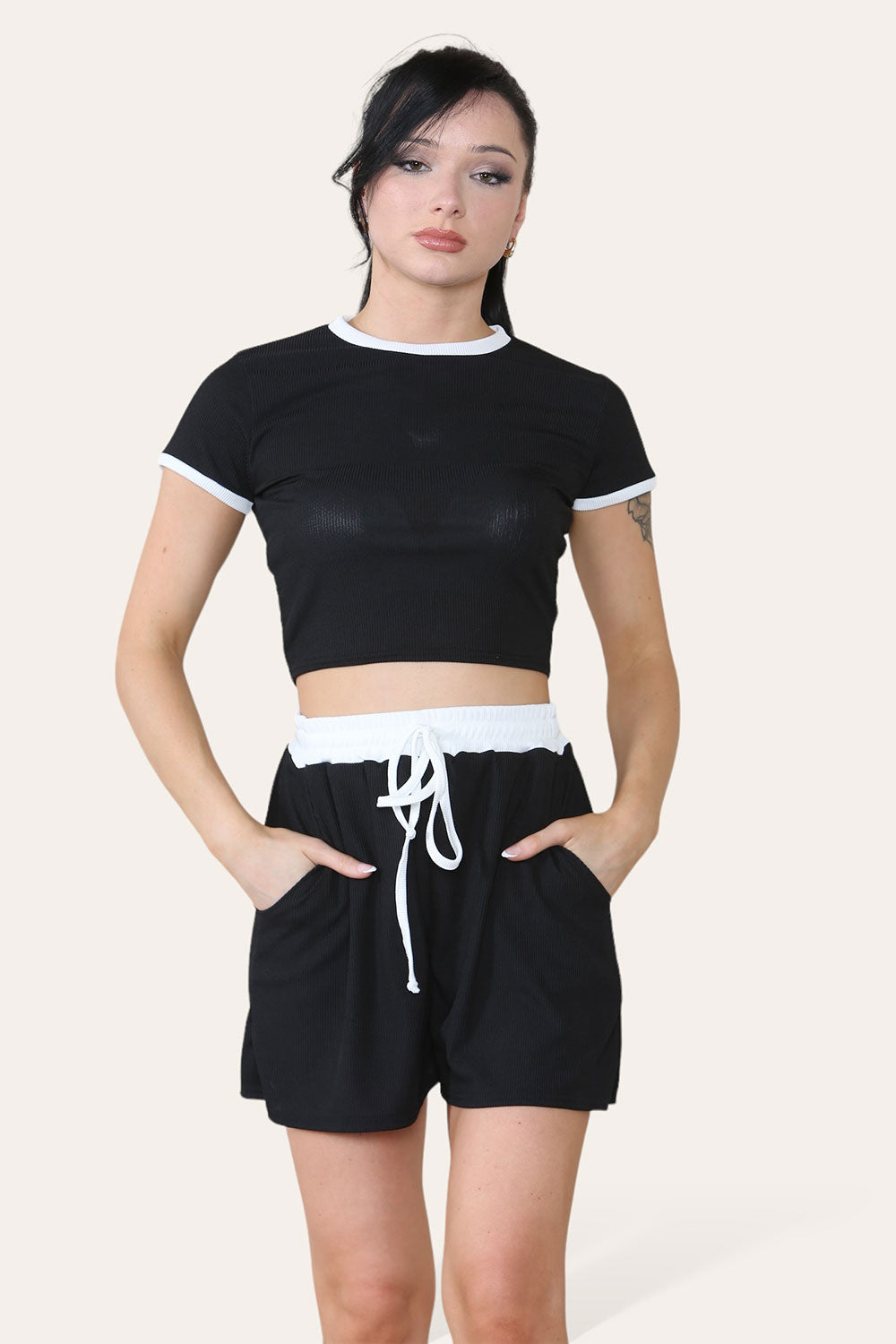 Ribbed Contrast Waistband Top and Short Set - AX Labels