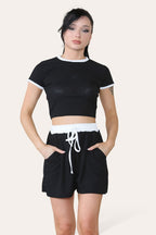 Ribbed Contrast Waistband Top and Short Set - AX Labels