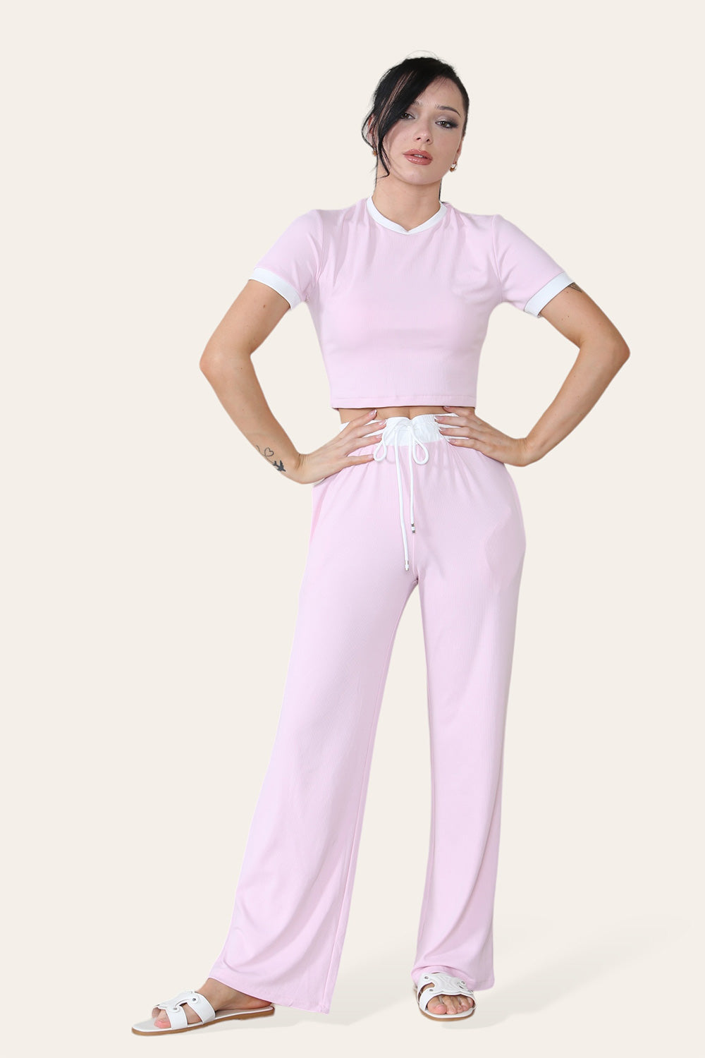 Ribbed Contrast Wide Leg Flared Trousers And Top Loungewear TRS Cropped Set - AX Labels