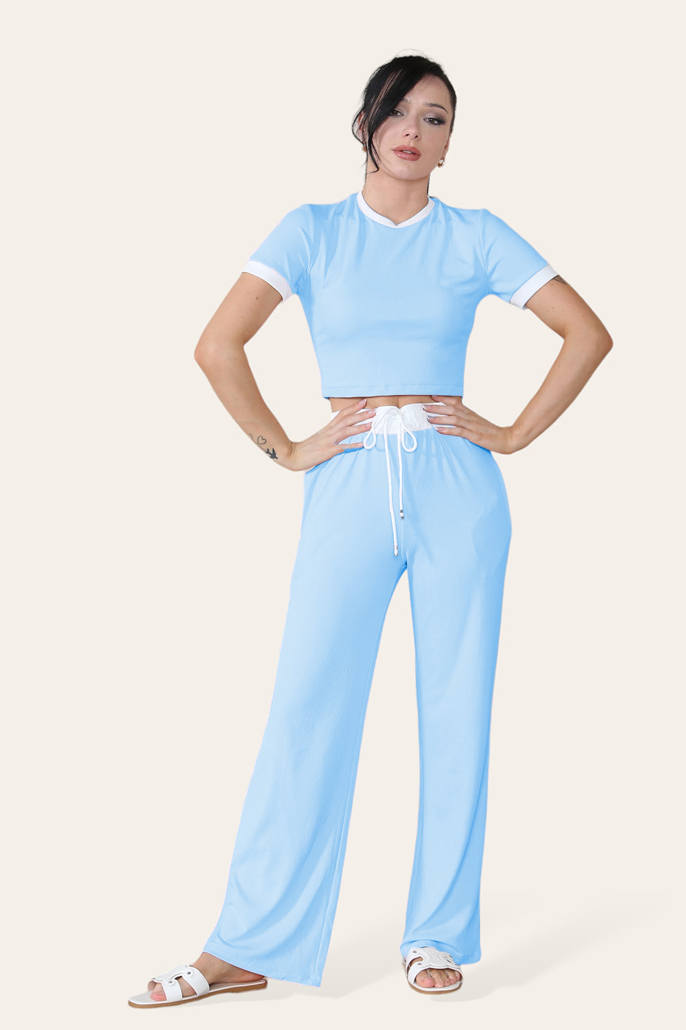 Ribbed Contrast Wide Leg Flared Trousers And Top Loungewear TRS Cropped Set - AX Labels