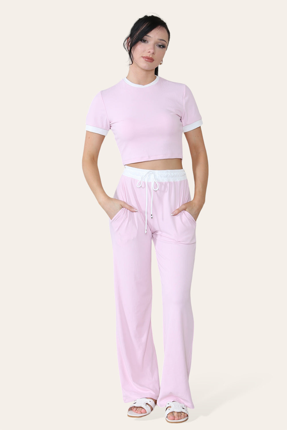 Ribbed Contrast Wide Leg Flared Trousers And Top Loungewear TRS Cropped Set - AX Labels