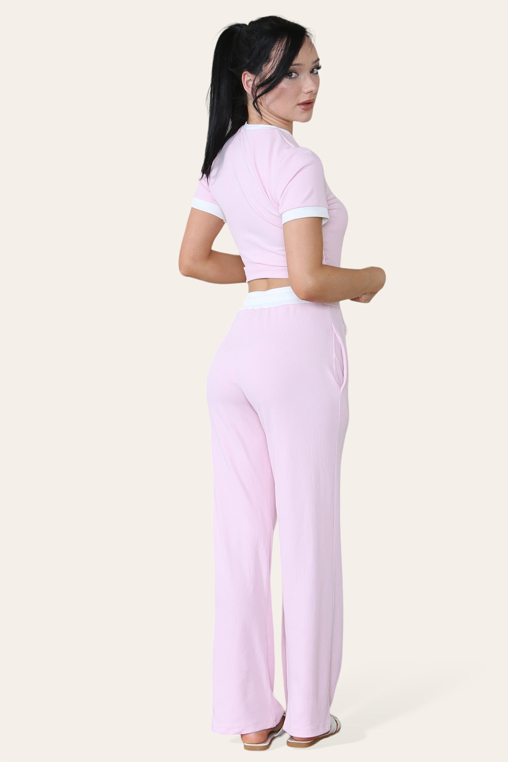 Ribbed Contrast Wide Leg Flared Trousers And Top Loungewear TRS Cropped Set - AX Labels